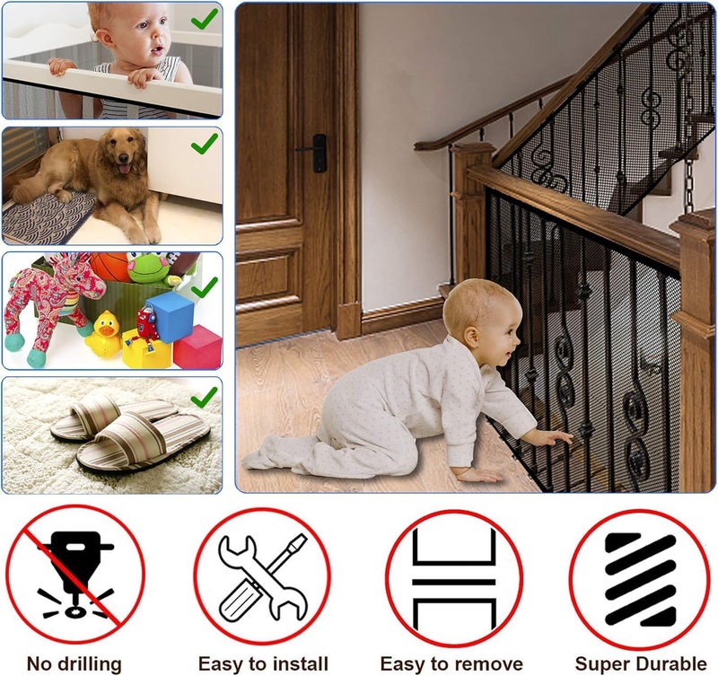 JIFTOK Baby Gate for Stairs, Banister Guard for Kids, Pets, Toys, 26.2ft L x 2.66 ft H, Mesh Netting Safety Net for Balcony Rail Stair, Stairway Net Baby Safety Products for Indoor & Outdoor (Black) - Image 3